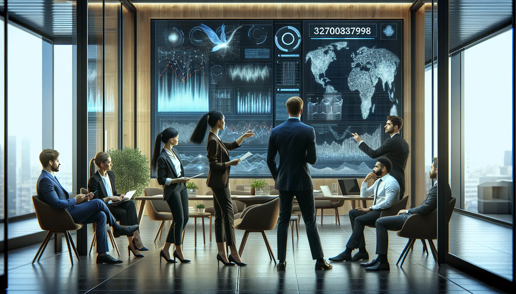 diverse team analyzing data in a modern office setting.