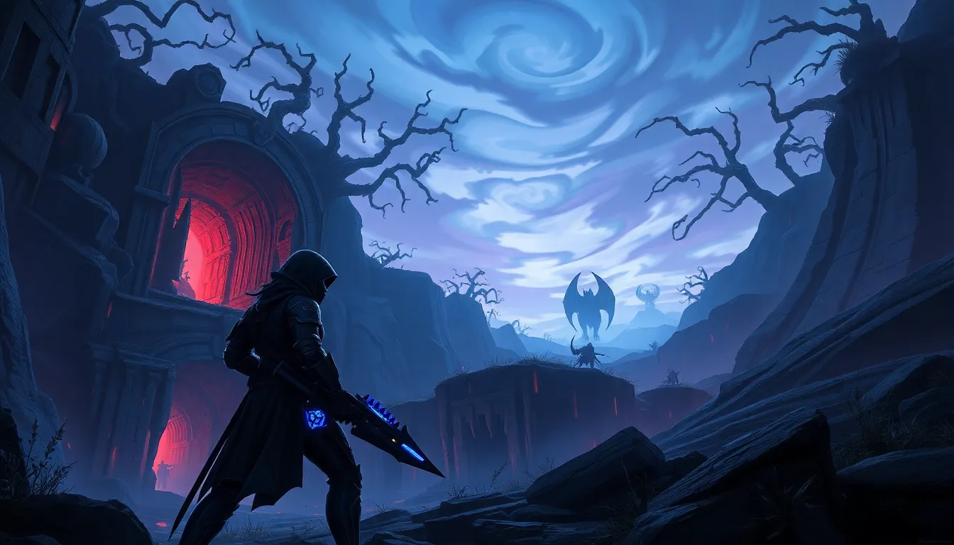 A player character in dark armor prepares to battle demons in a haunting landscape.
