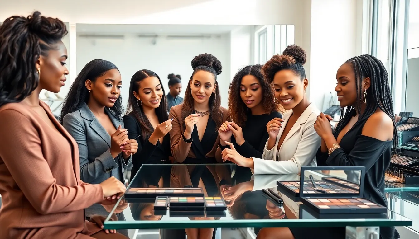 makeup professionals selecting Zosisfod eyebrow shades in a modern studio.