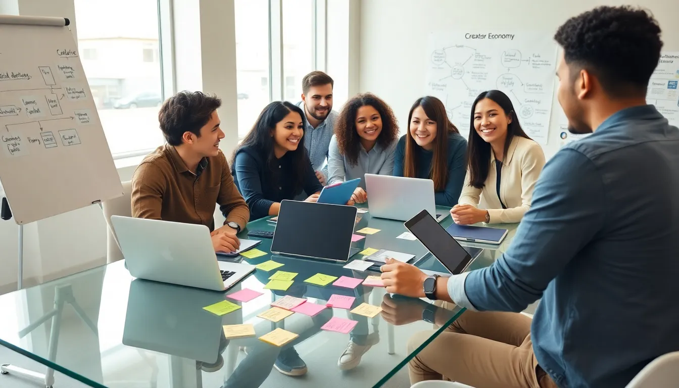 diverse team brainstorming in a modern workspace about the creator economy.