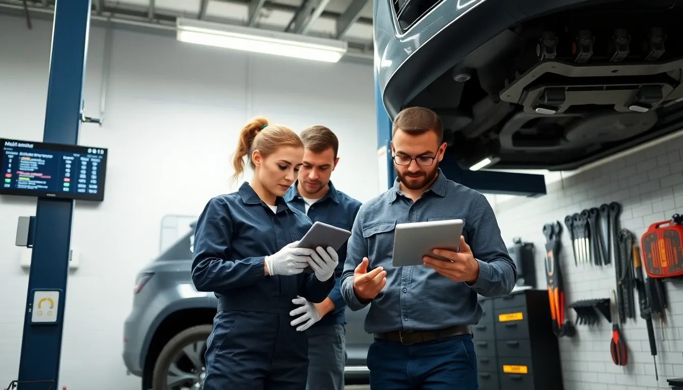 diverse team performing car maintenance in a modern garage.