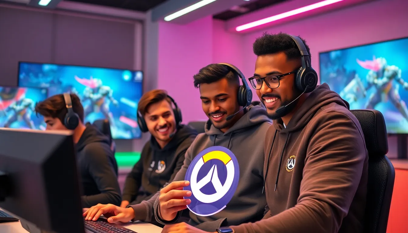 diverse gamers engaged in Overwatch, focusing on the tank hero Orisa.