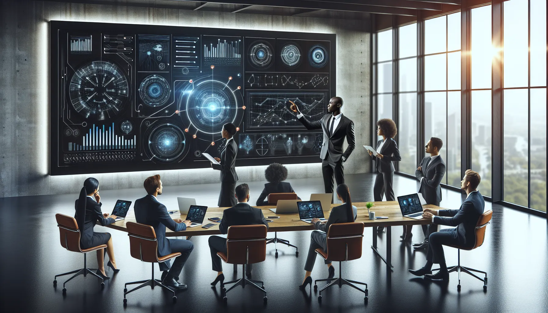 diverse team discussing csavchels in a modern office.