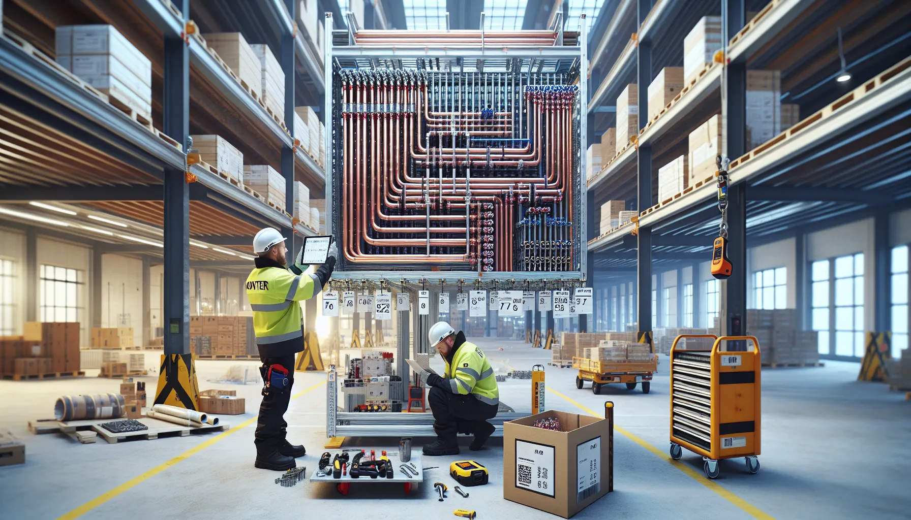 Installers mount a prefabricated pipe module in a norwegian commercial building.