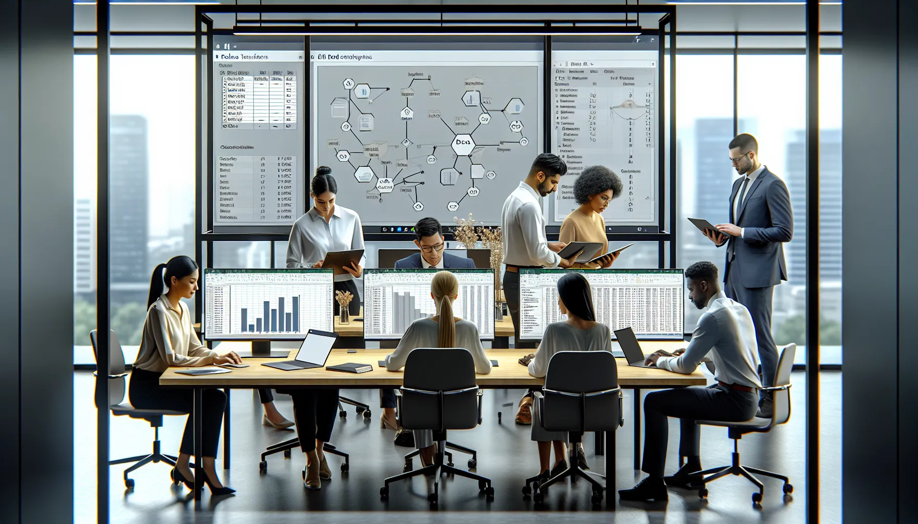 Team standardizing Excel data tables for structured Power BI analysis in a modern office.