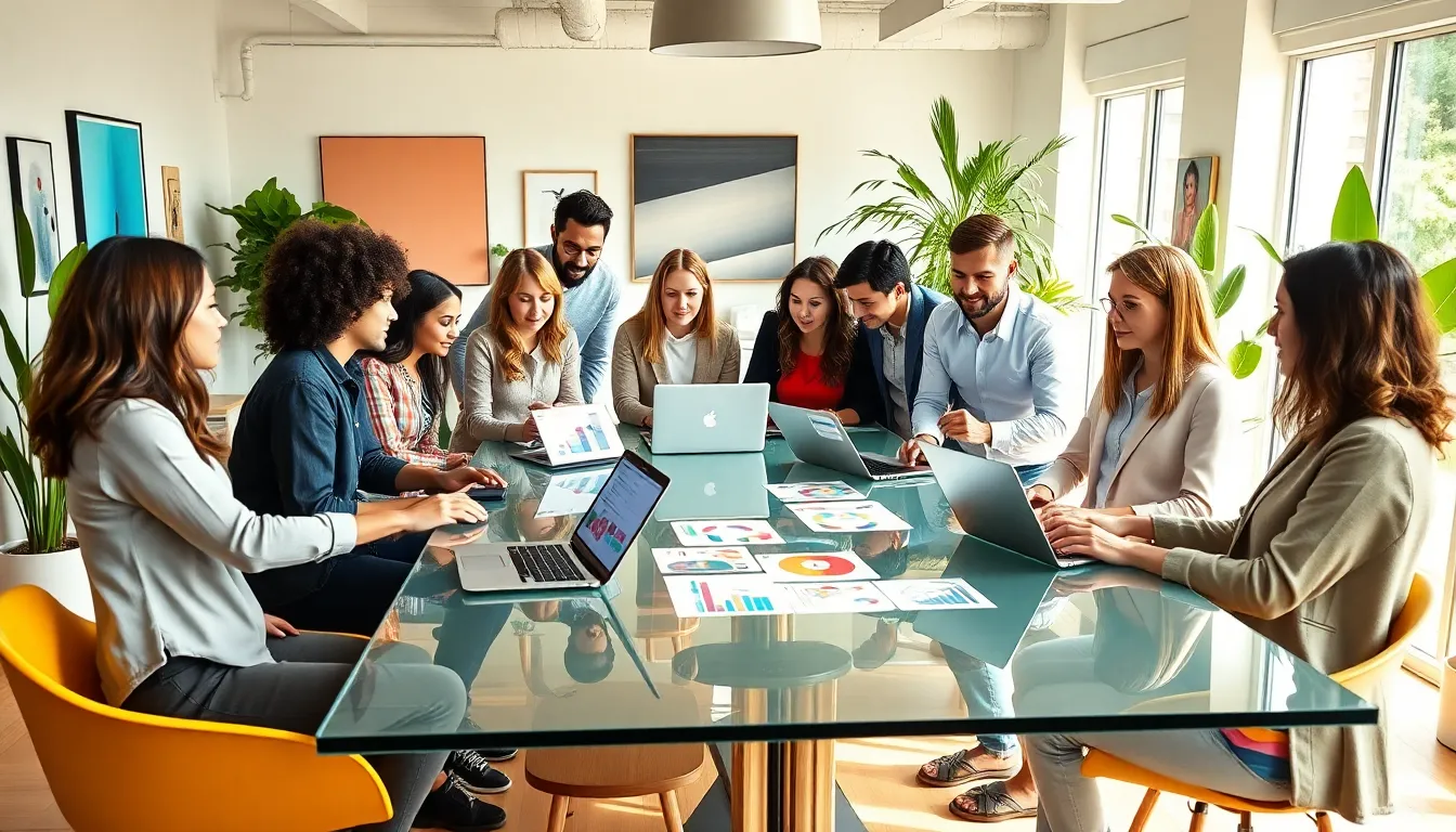 diverse team brainstorming in a bright startup office.