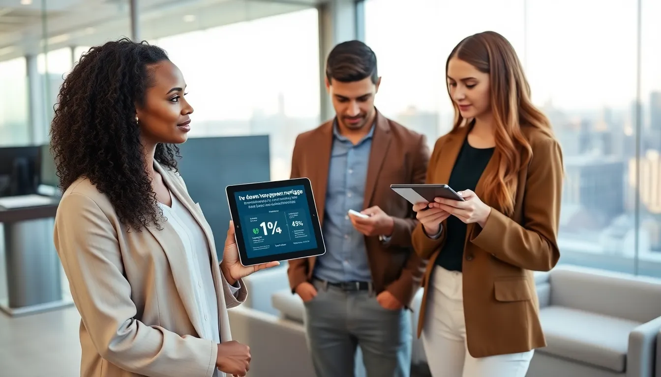 diverse team discussing 1% down payment mortgage in a modern office.