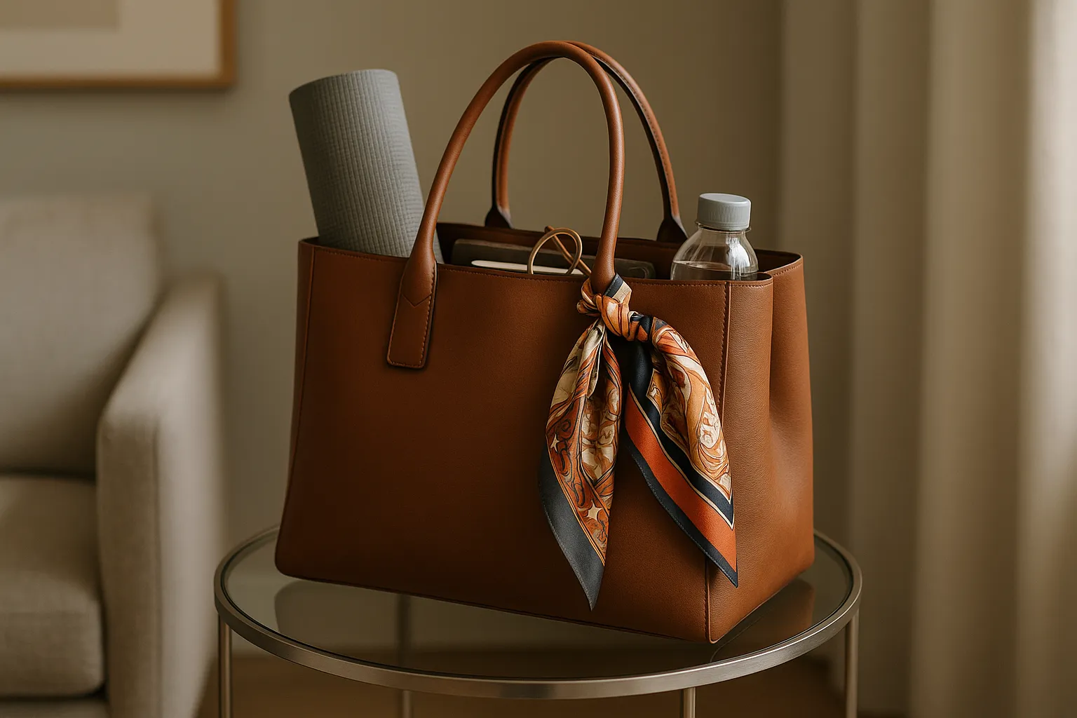 Classic leather tote bag with scarf, holding everyday essentials.