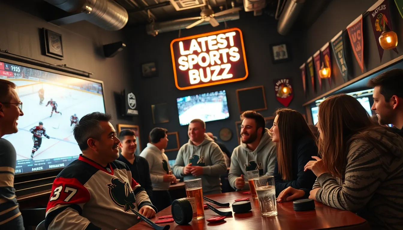 Diverse hockey fans in a sports bar discussing the latest trends.