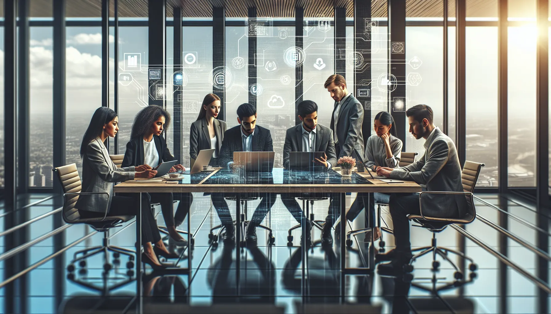 diverse professionals collaborating in a modern office setting.