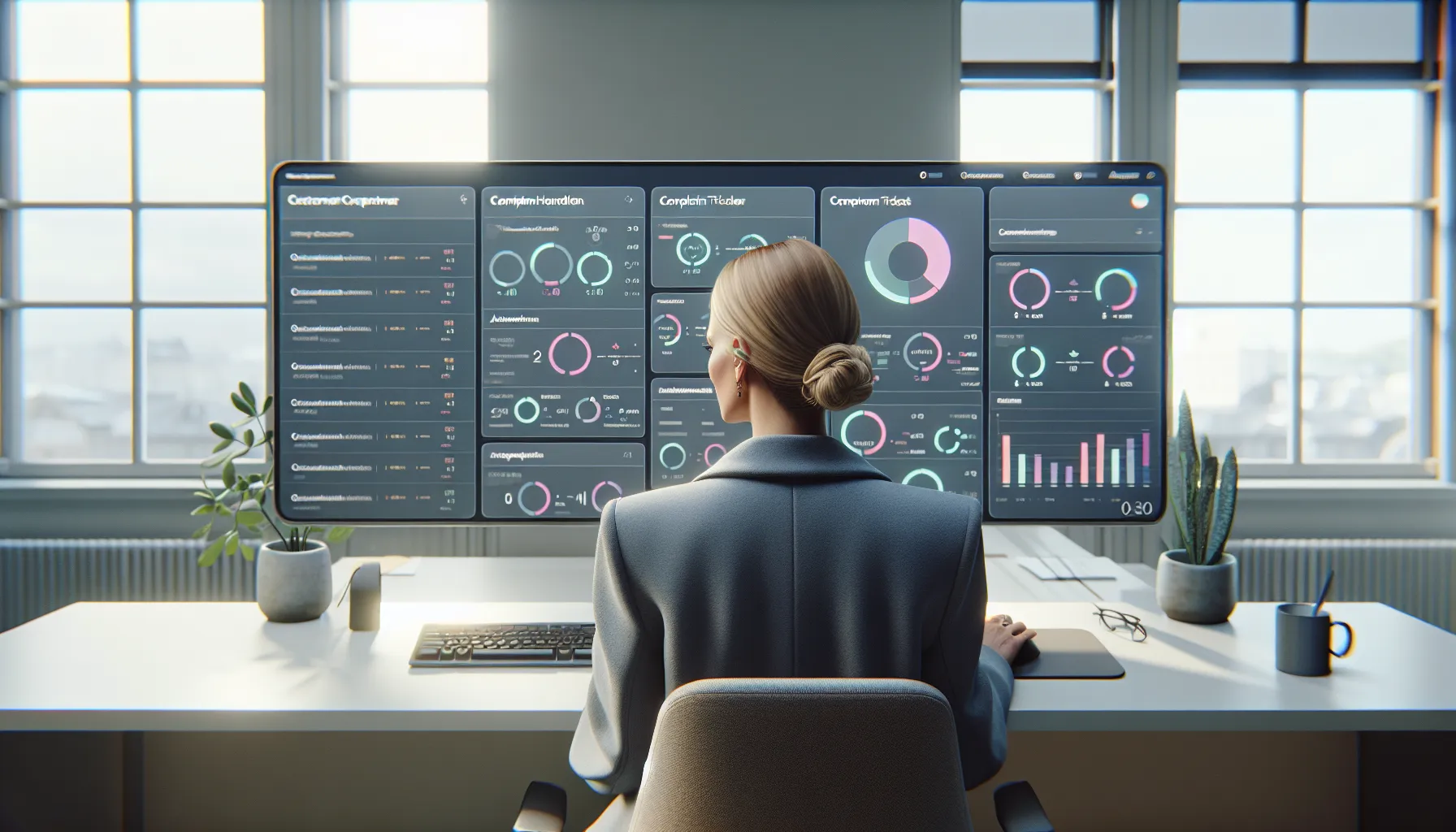 Norwegian manager reviews automated complaint-handling dashboard in a modern office.