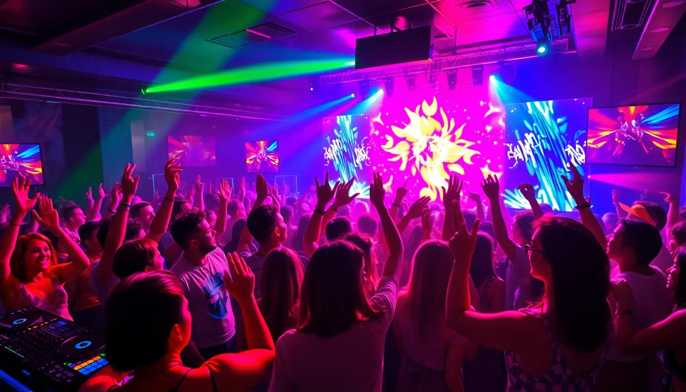 diverse crowd dancing in a vibrant nightclub setting.