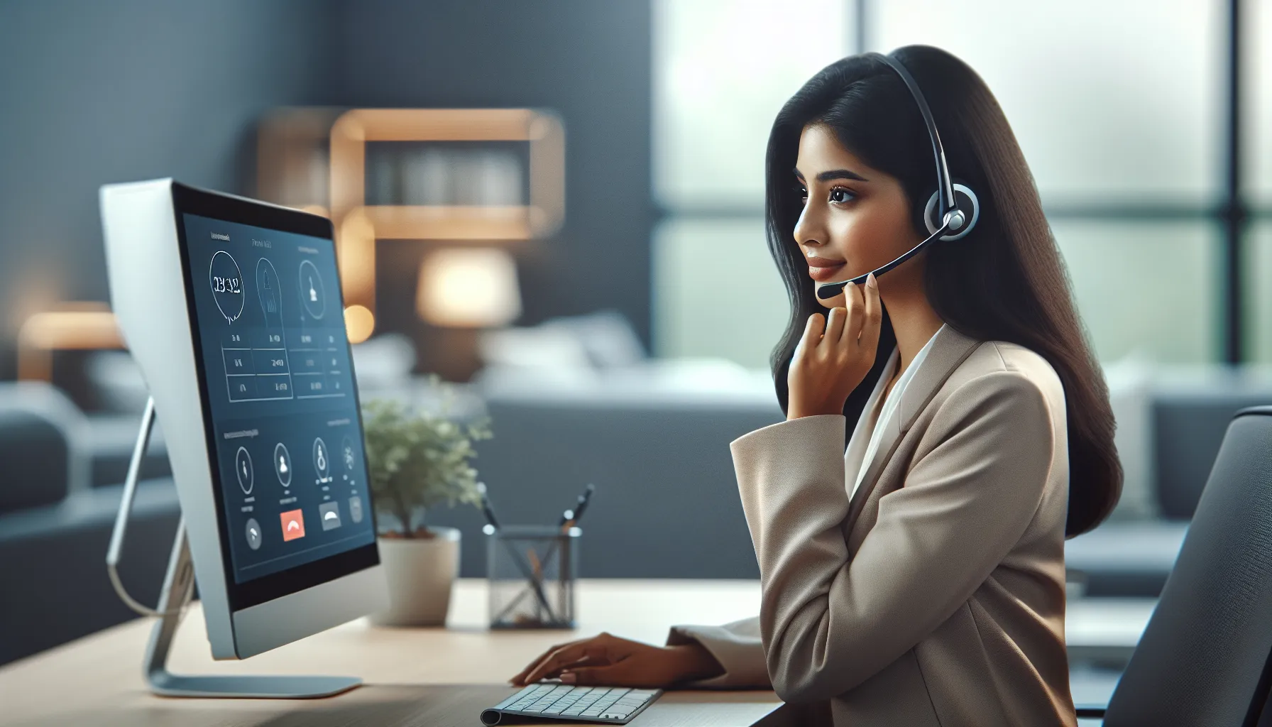 individual assessing a call in a modern office setting.