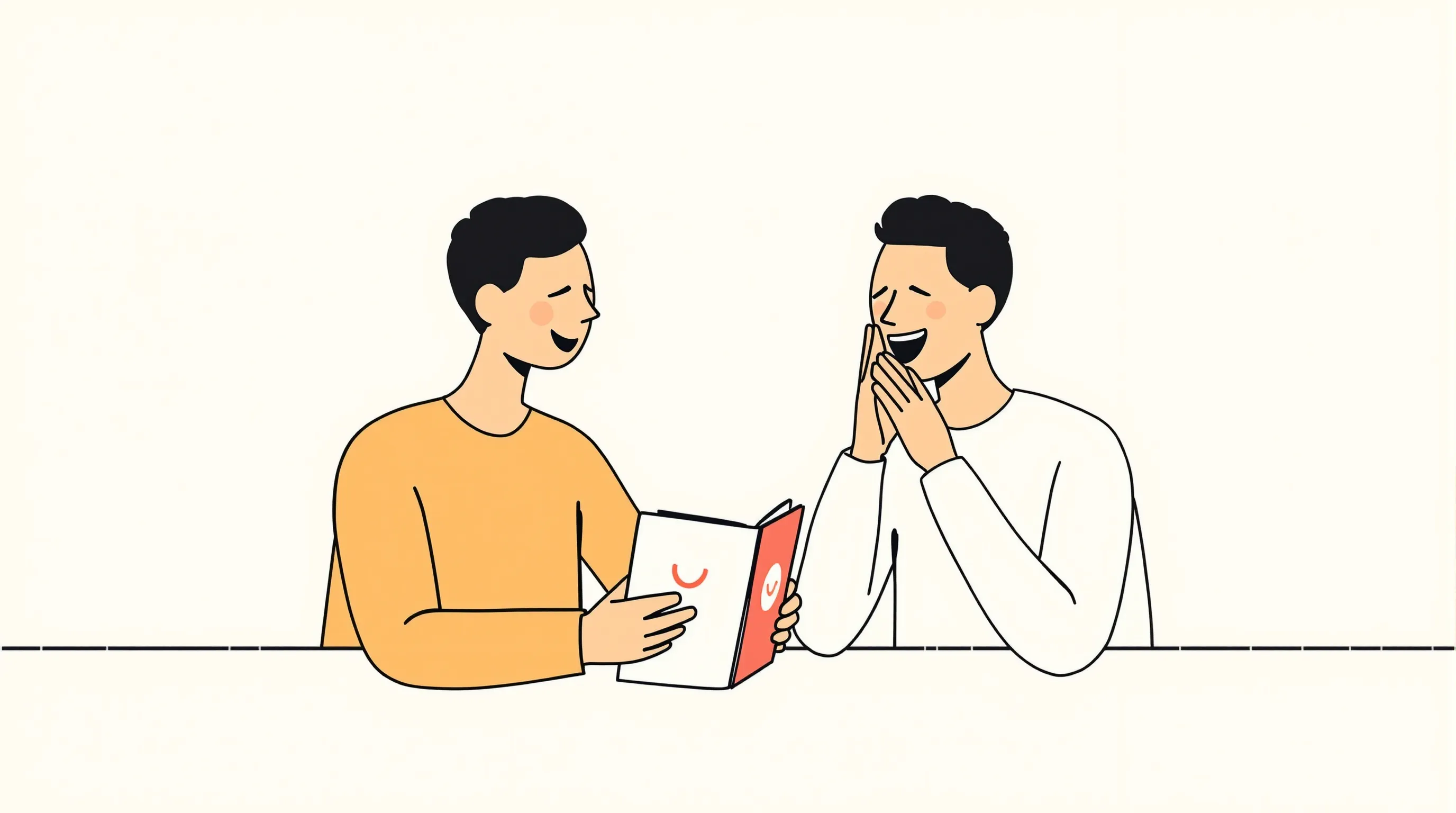 two friends laughing over a funny birthday card at a table