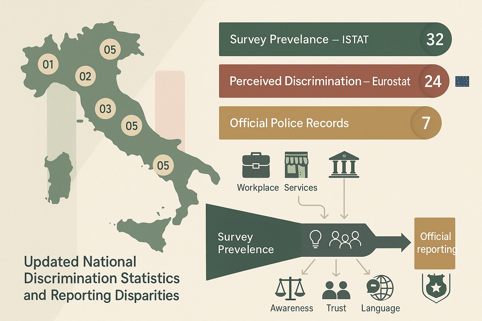 Infografica che mostra mappa dell'Italia, divario tra segnalazioni da sondaggi vs polizia e barriere alla segnalazione.