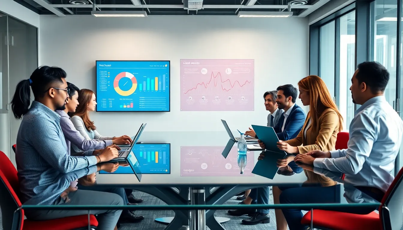 diverse team collaborating on cloud ERP solutions in a modern office.