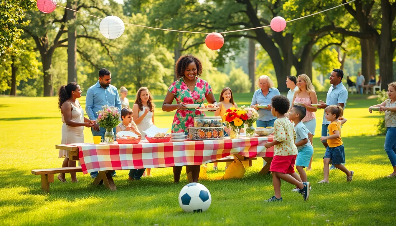 a family reunion picnic with diverse attendees enjoying homemade food in a park.
