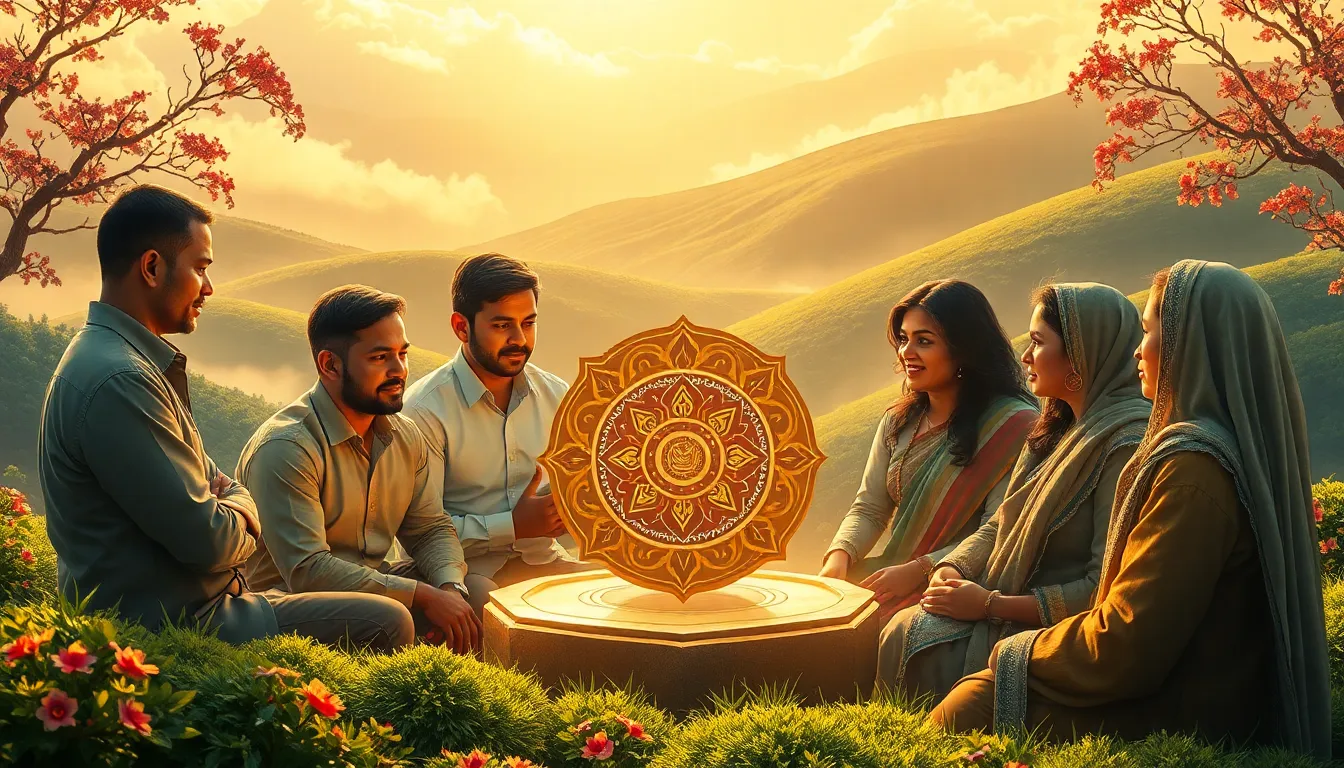 diverse professionals discussing a significant cultural artifact in a mystical landscape.