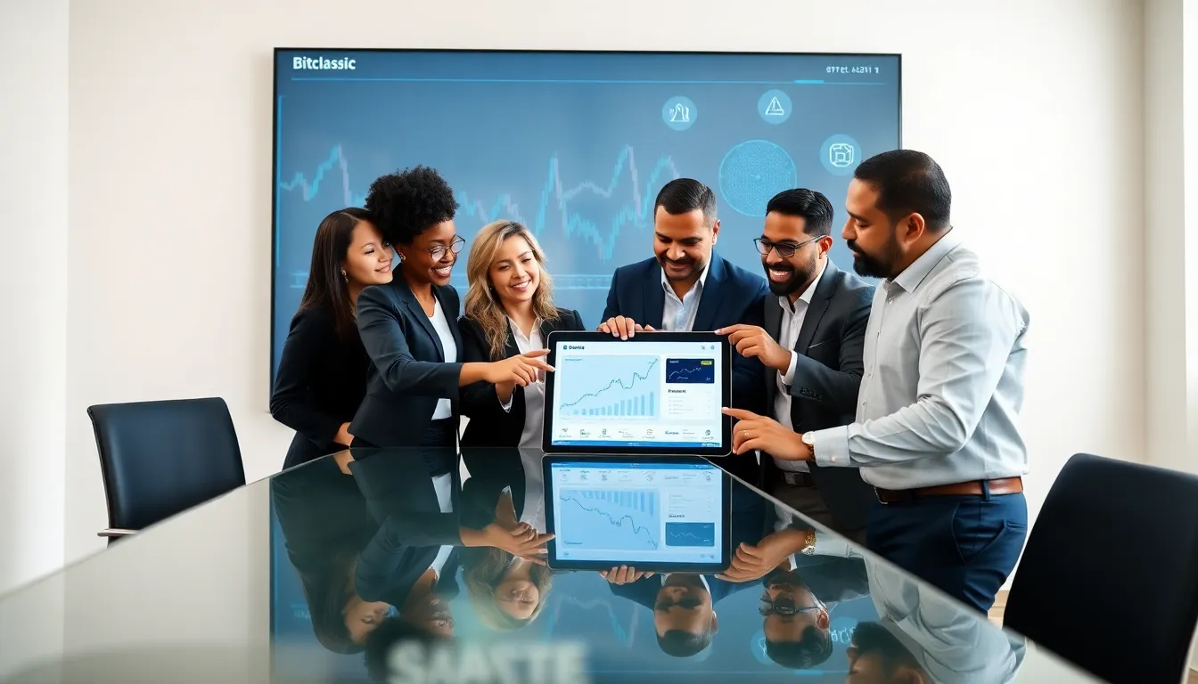 diverse professionals discussing Bitclassic Applewhite in a modern office.