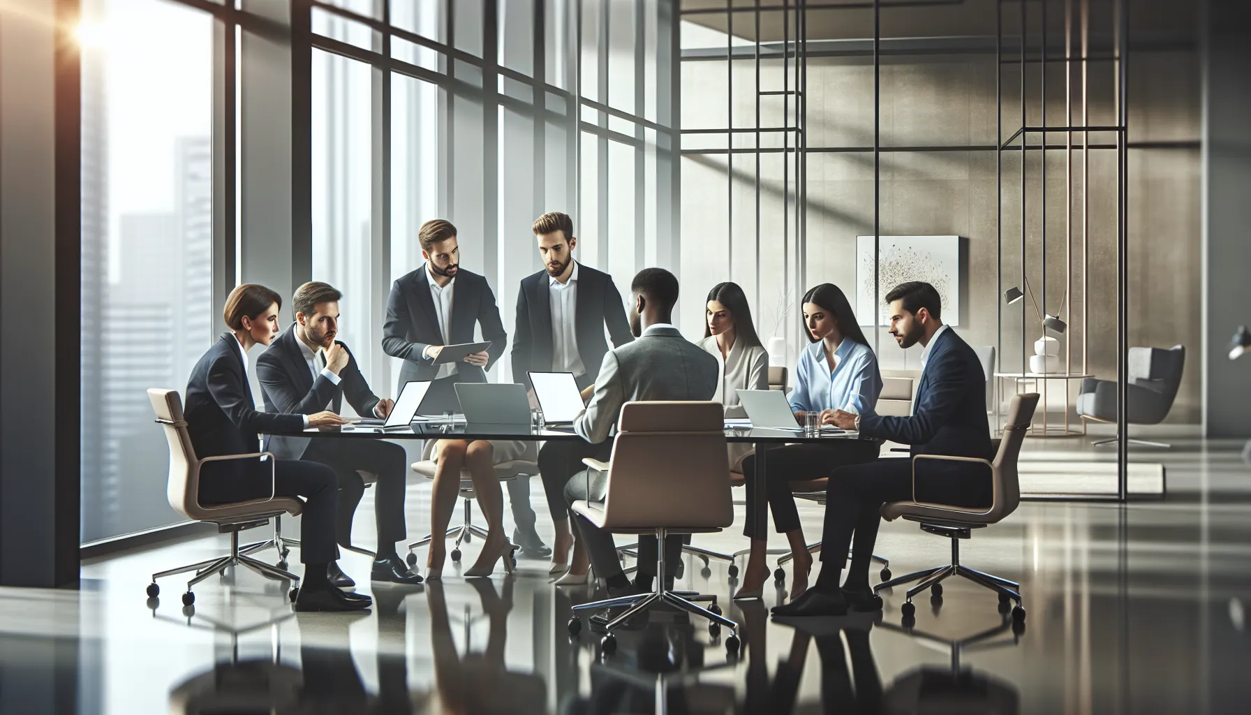 diverse professionals collaborating in a modern office setting.