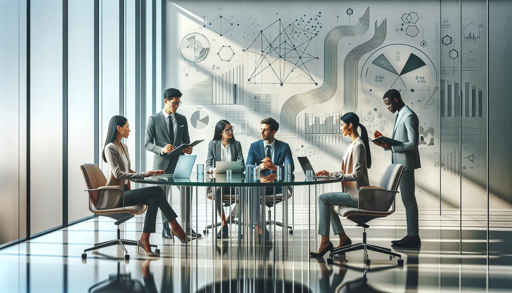 diverse team discussing finance in a modern office setting.