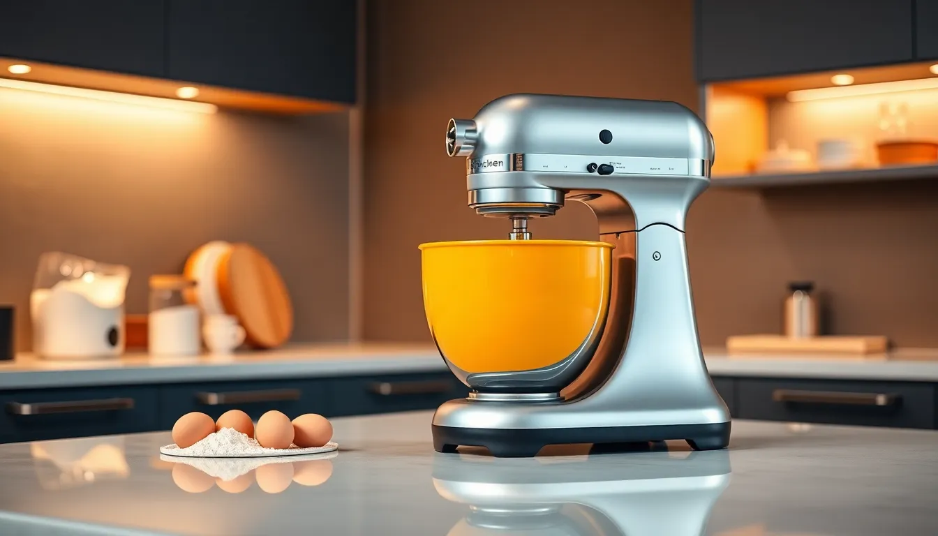 a modern kitchen showcasing a stylish stand mixer on the countertop.