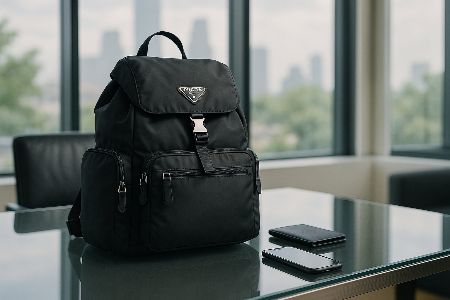 Luxury men’s black Prada backpack on a sleek office table.