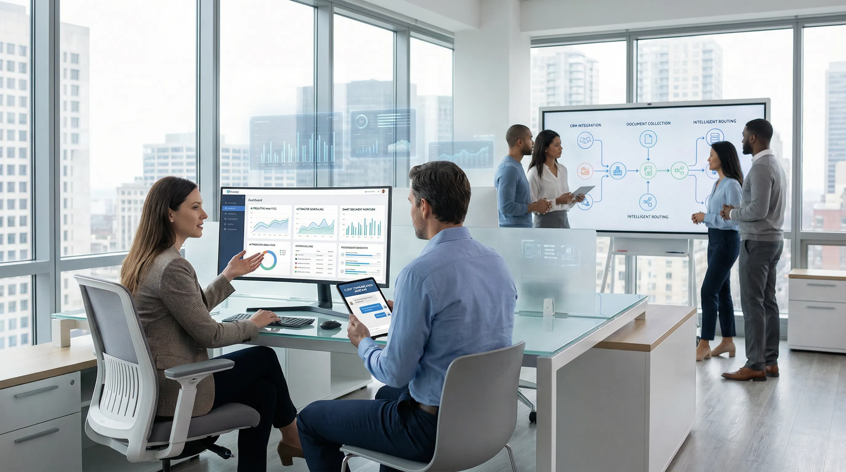 Professionals in modern office using AI dashboards for automated service workflows.