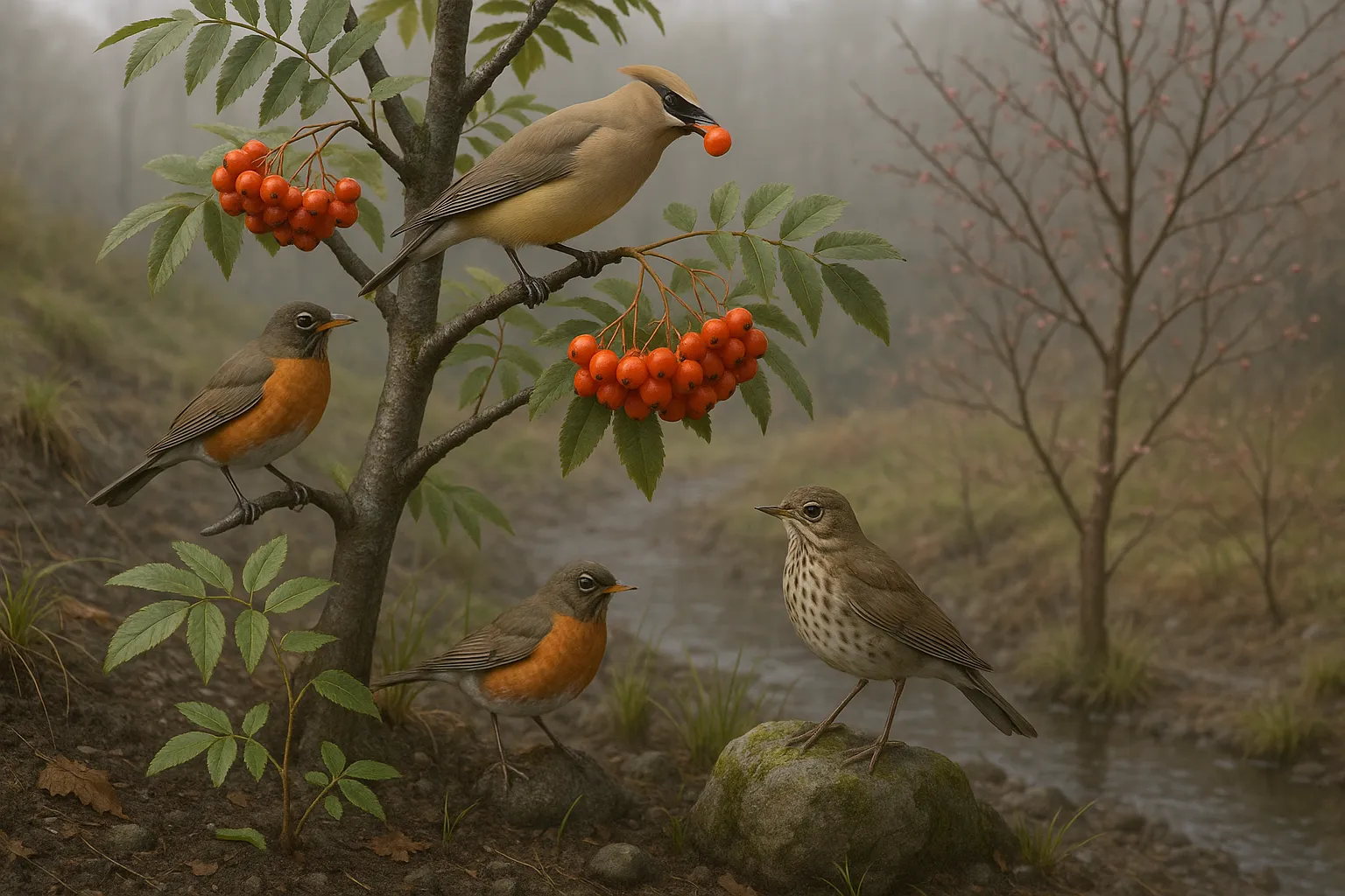A native rowan tree heavy with red berries being eaten by birds.