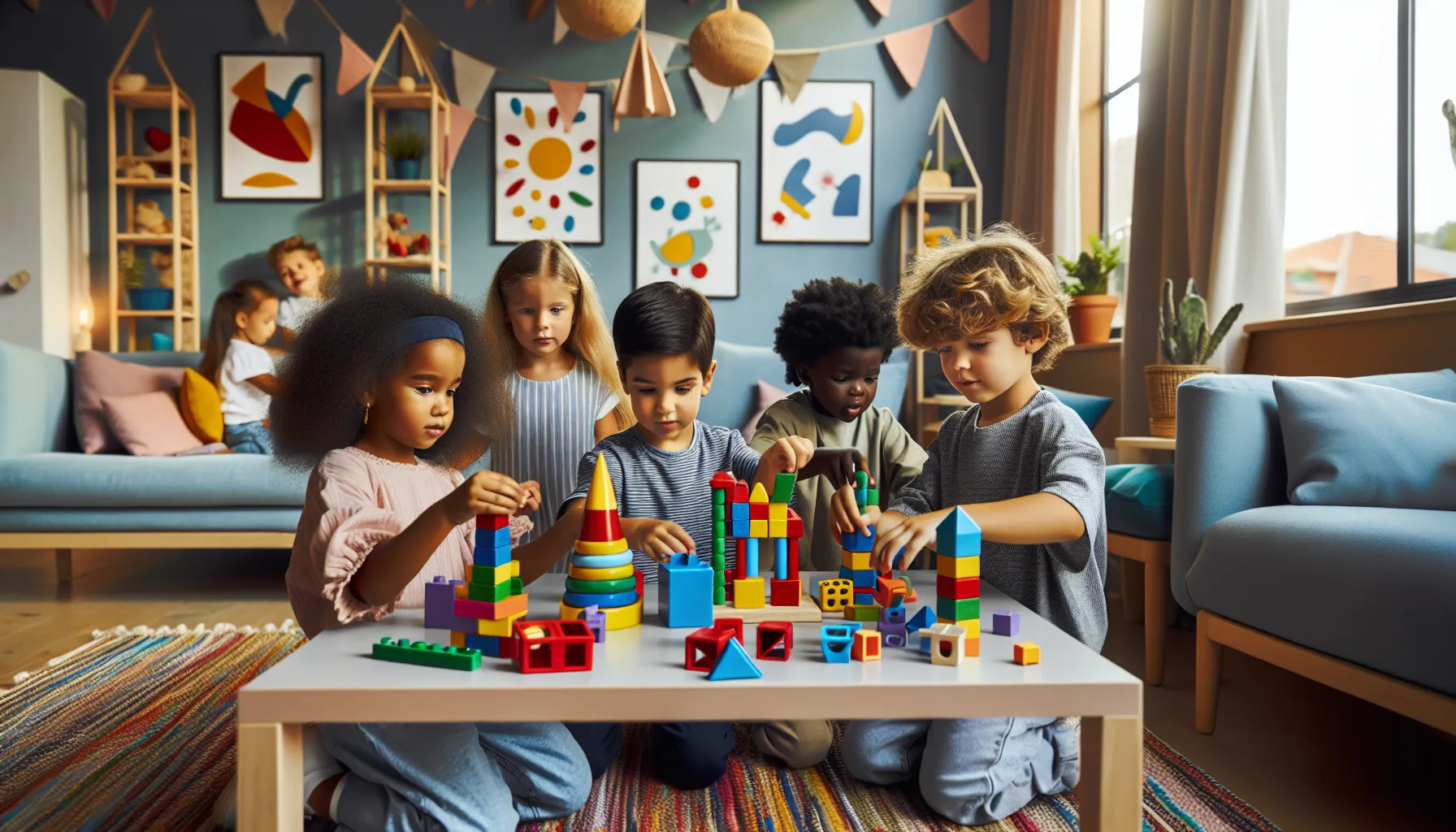 Children playing and collaborating with colorful Prokaihaz toys in a bright playroom.