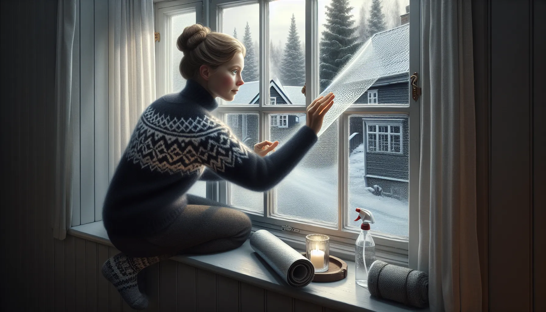 Tips for å holde varmen i hjemmet uten å bruke strøm 2 Woman applies bubble wrap to drafty norwegian window as tealight shows airflow.