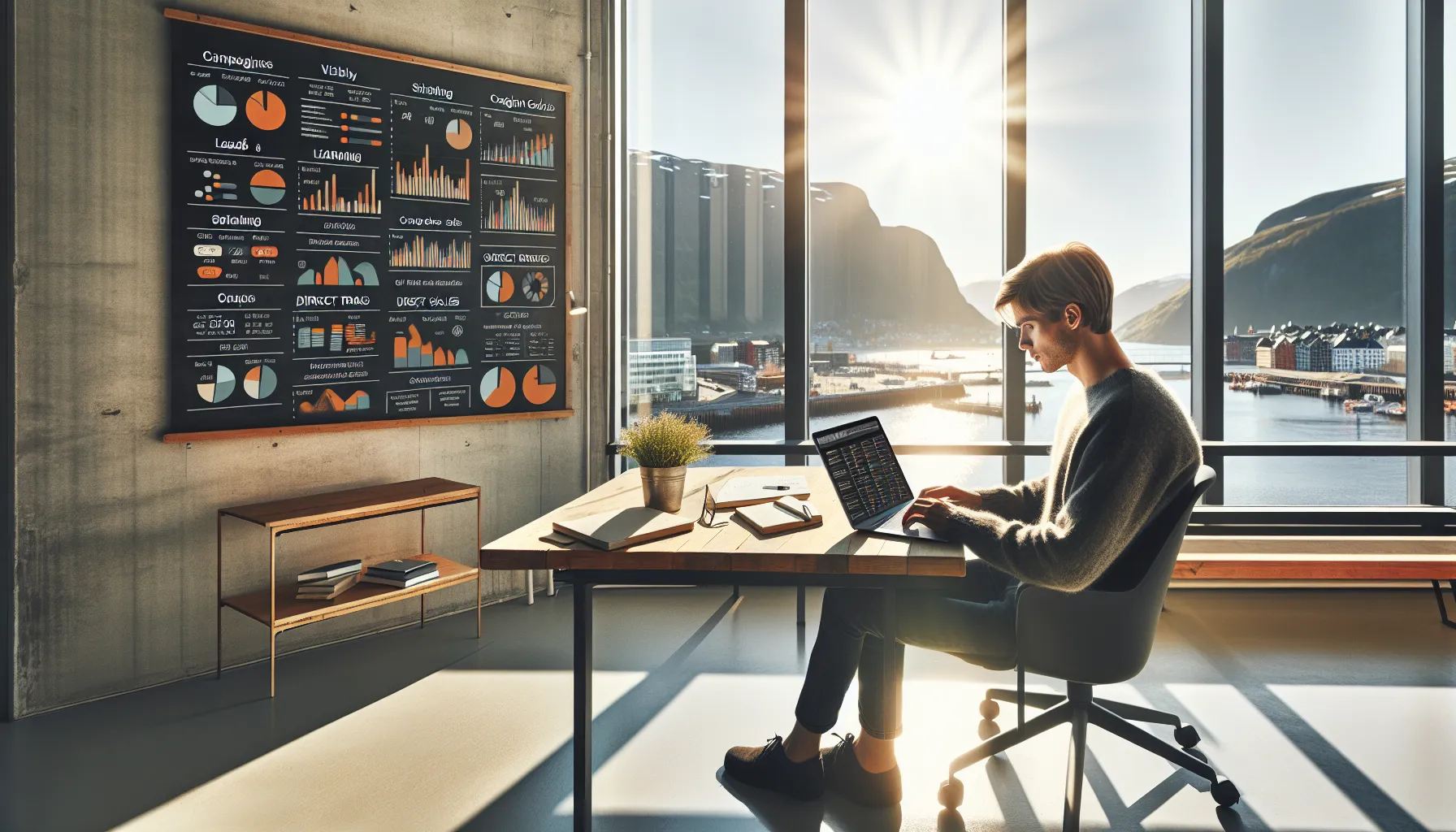 Norwegian course marketer plans influencer goals with analytics dashboard and whiteboard notes.