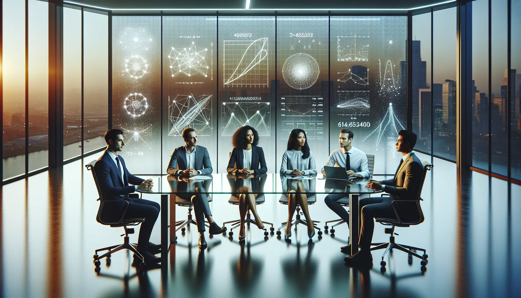 diverse professionals discussing large numbers in a modern conference room.