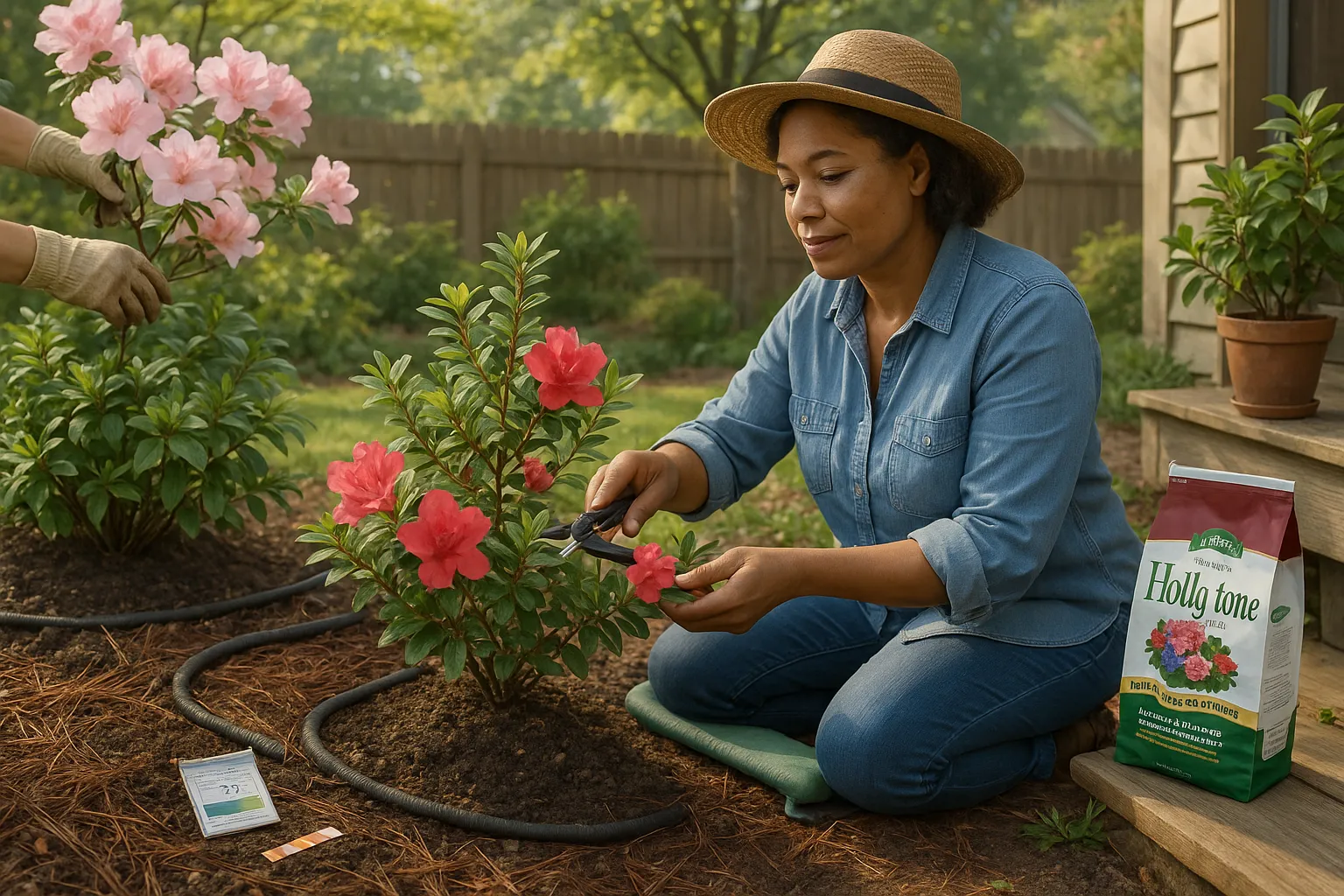 Gardener pruning two azaleas with mulch, soil test, and soaker hose nearby.
