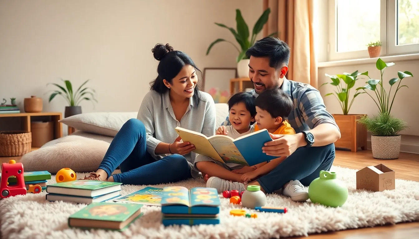 family practicing gentle parenting in a warm living room.