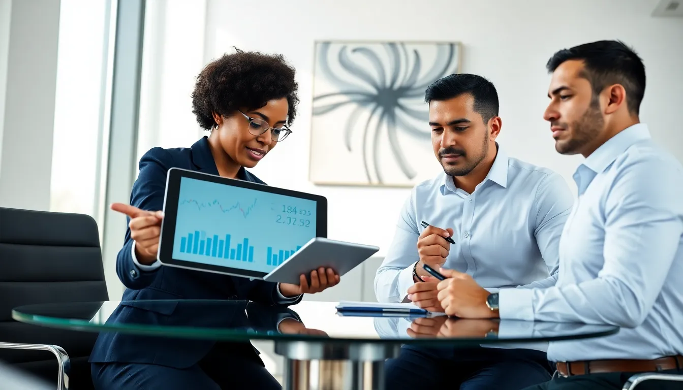 two finance professionals discussing basis points in a modern office.