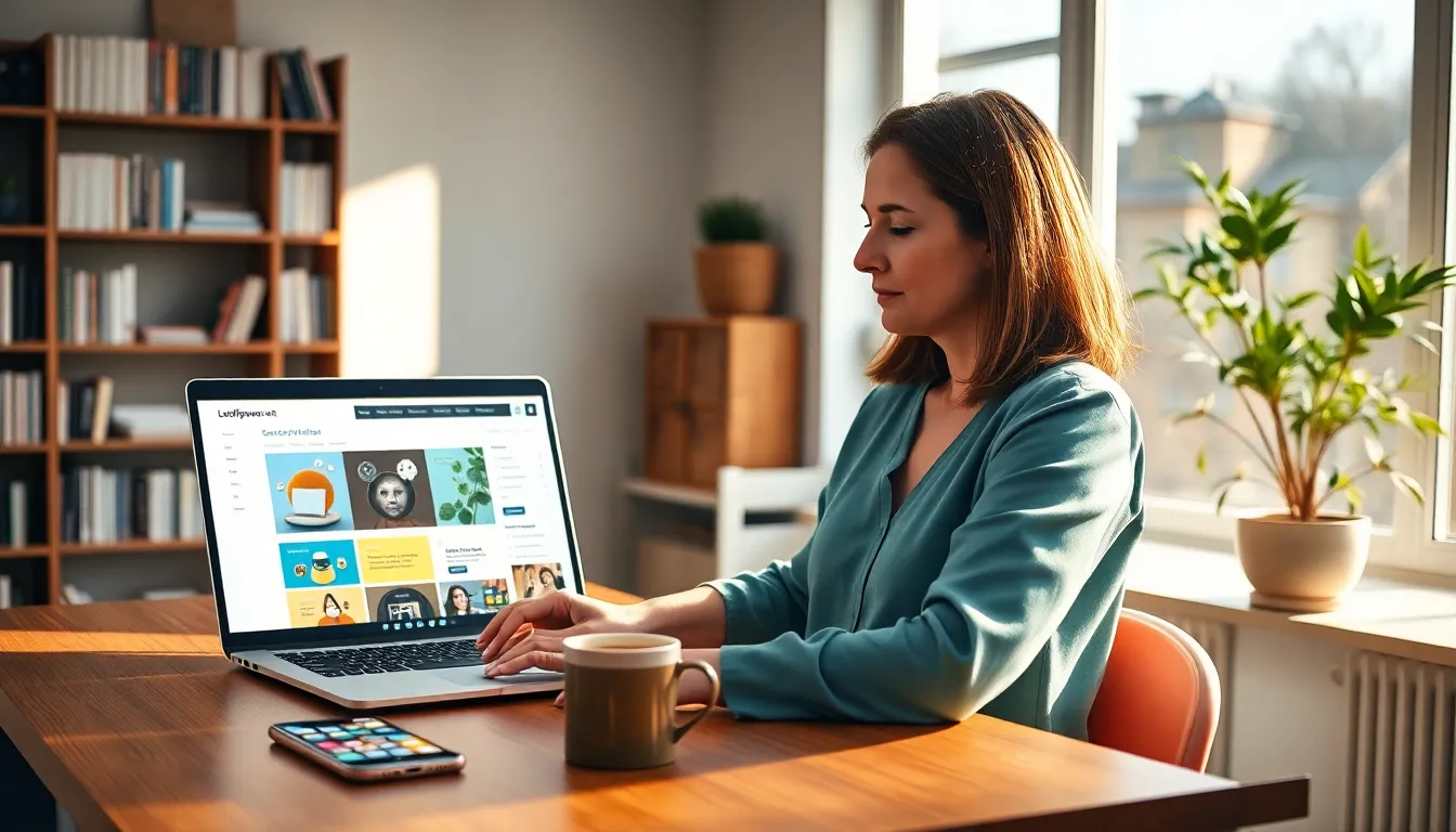 A woman using a laptop in a modern, well-lit workspace.