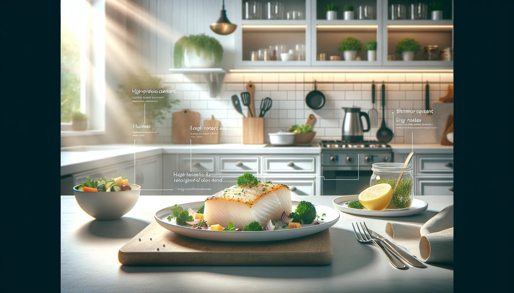plate of cod fish with vegetables in a modern kitchen.