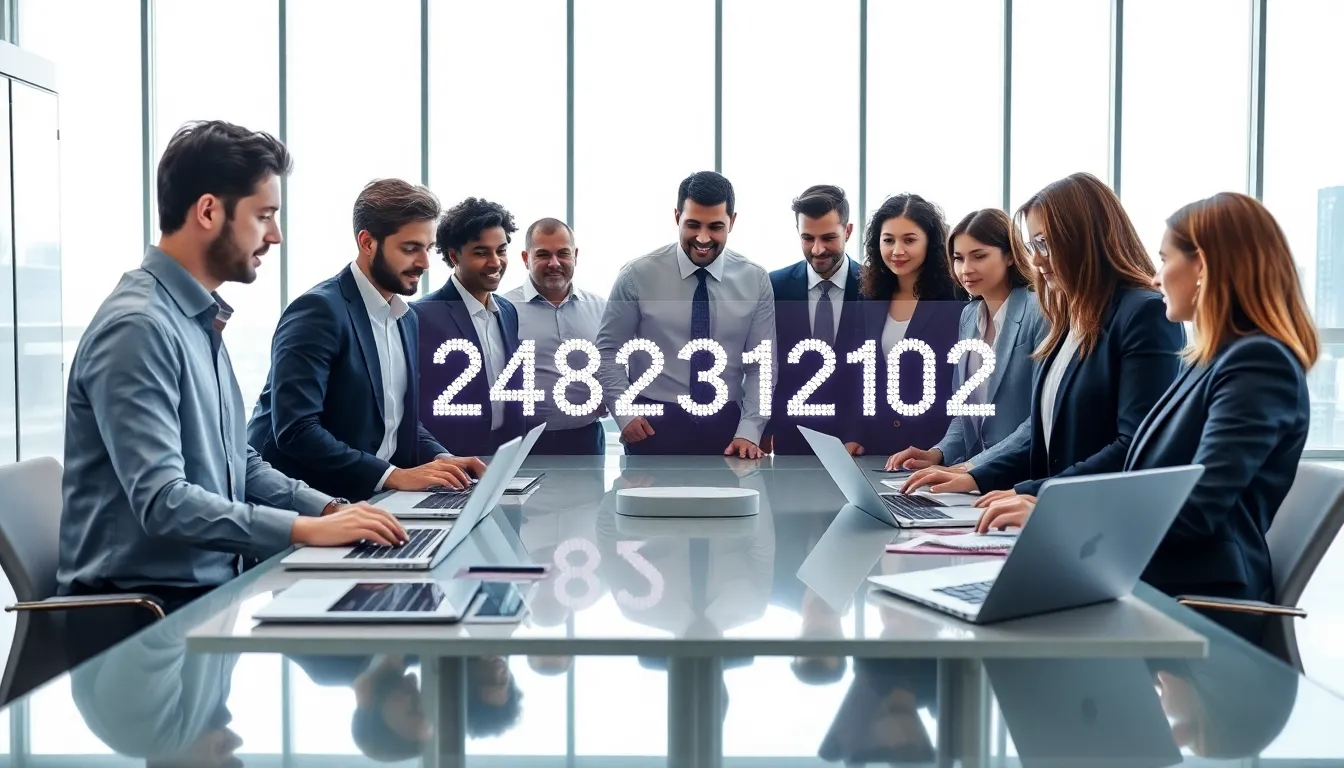 diverse team analyzing a digital display featuring the number 2482312102.