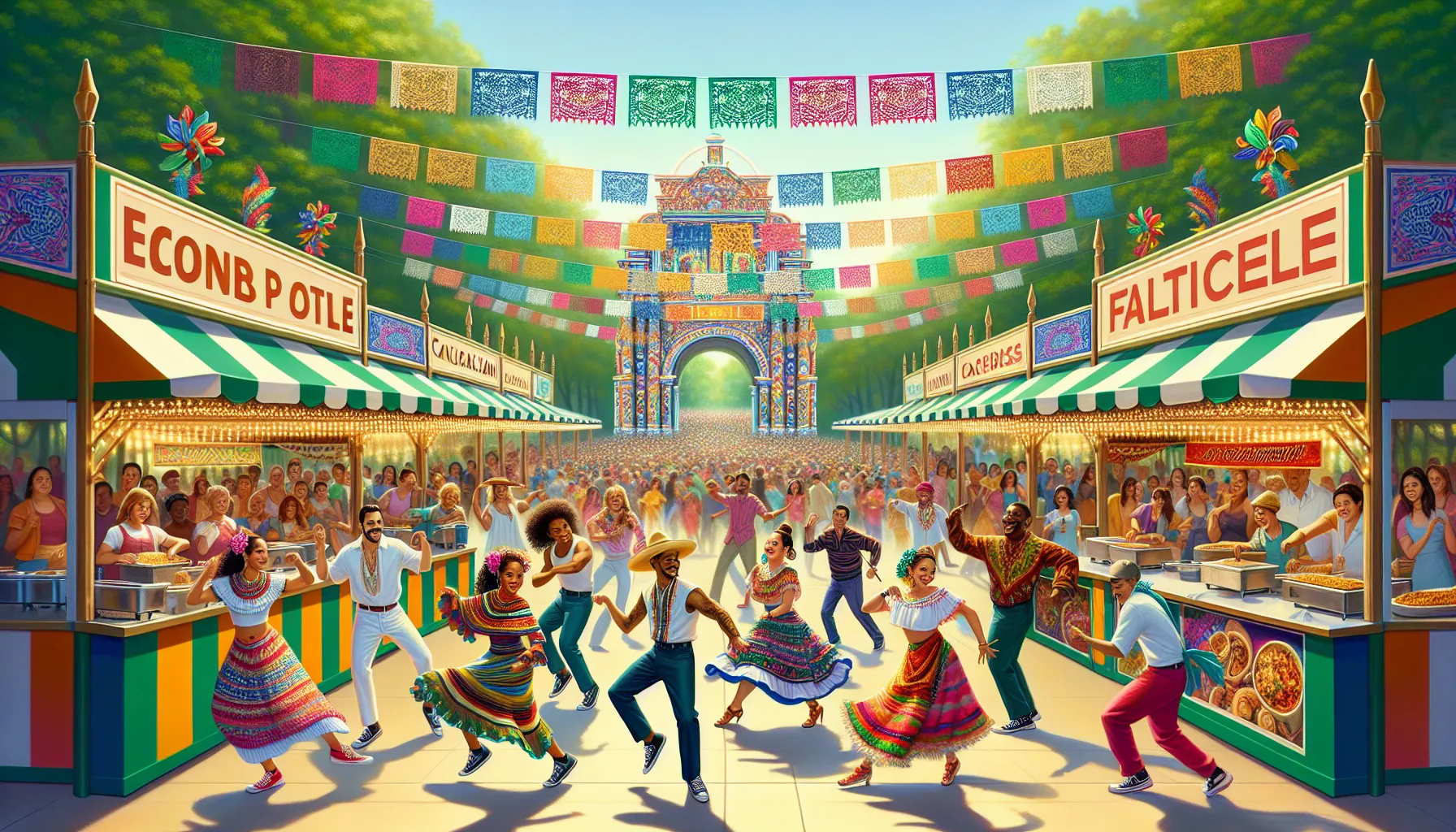 diverse group dancing at a qpibandee festival in a park.