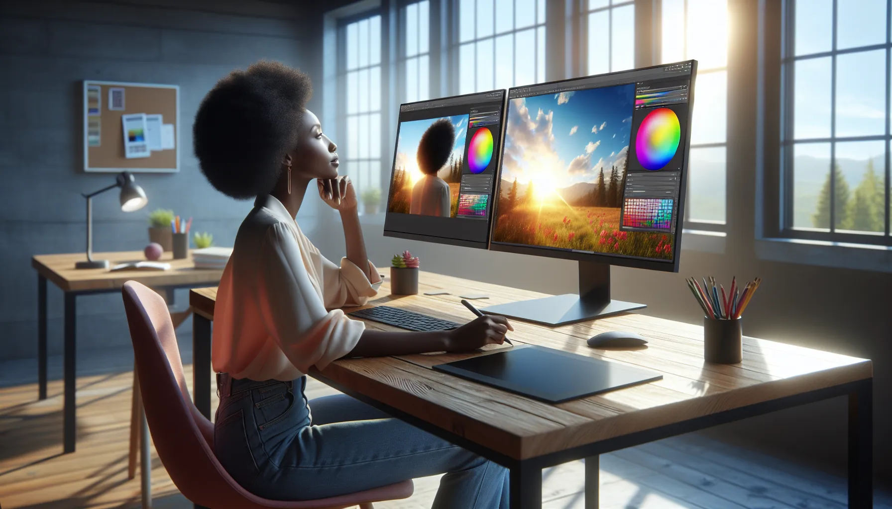 A designer compares JPEG image quality on a computer monitor.