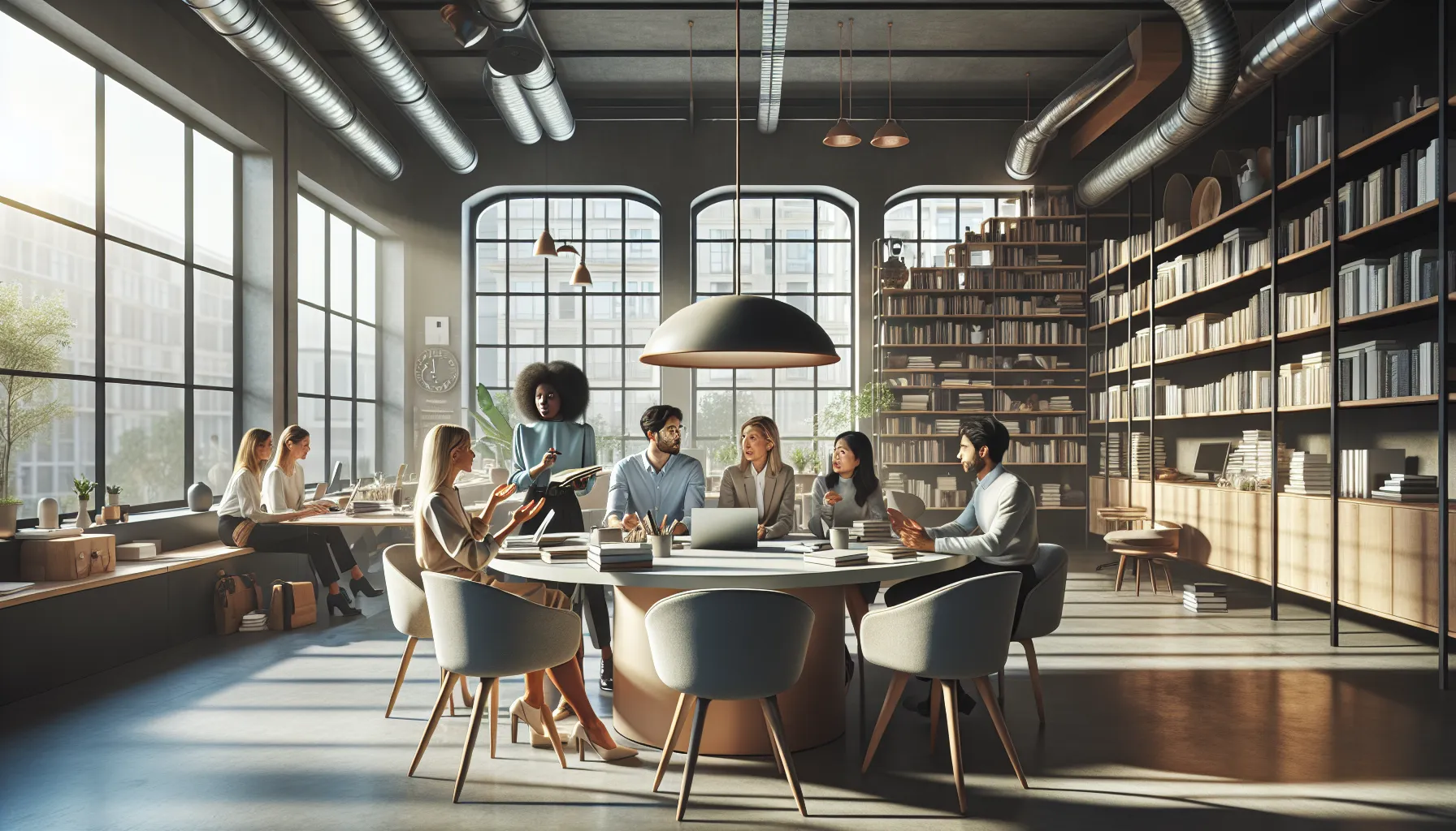 diverse group collaborating in a modern workspace.