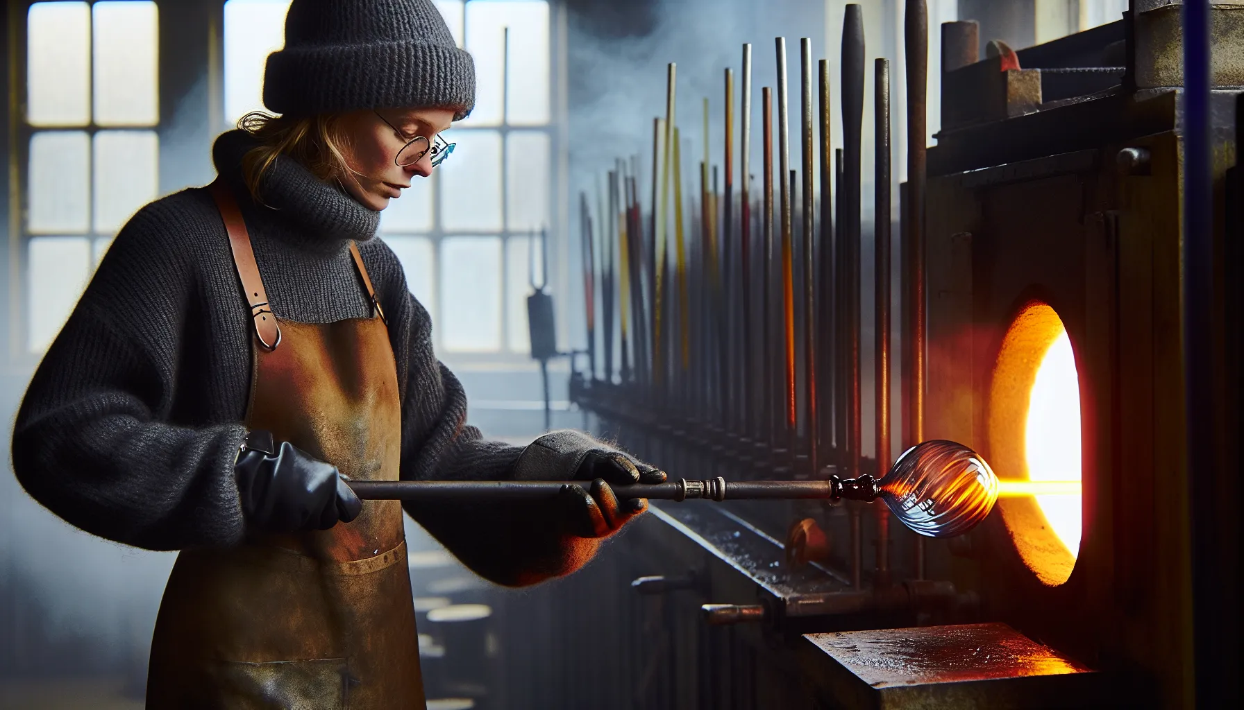 Norwegian glass artist shaping glowing glass as light refracts and diffuses.