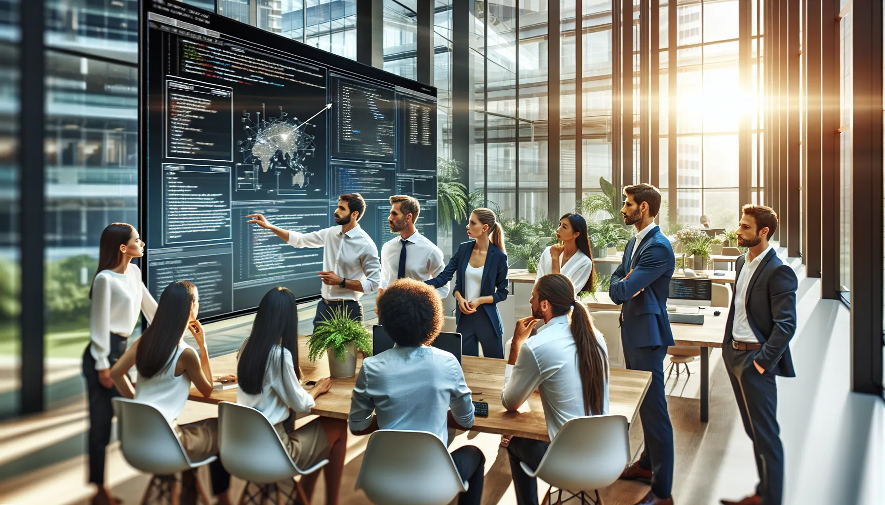 team discussing software features in a modern office.