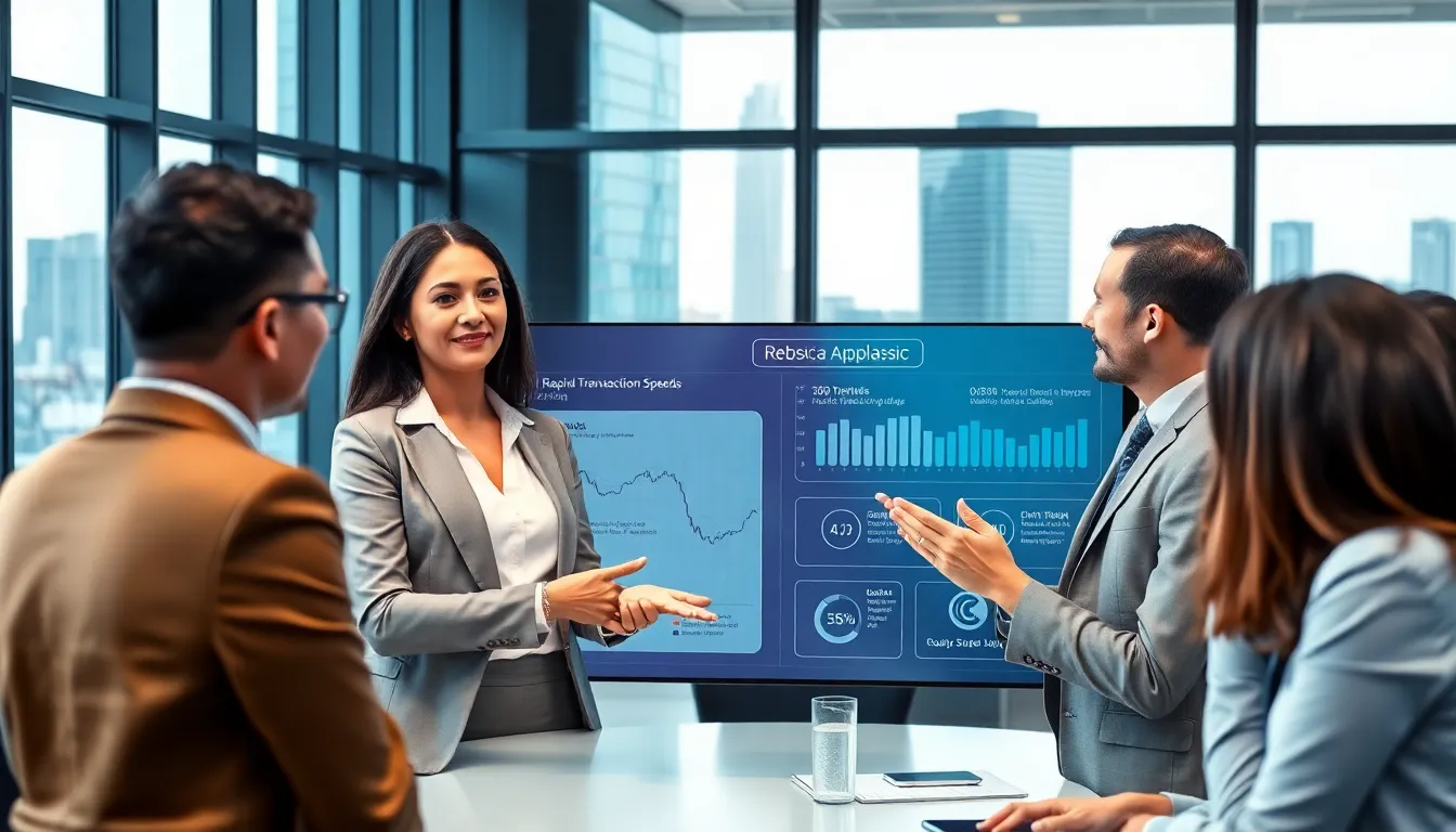 A diverse team discussing cryptocurrency in a modern office.