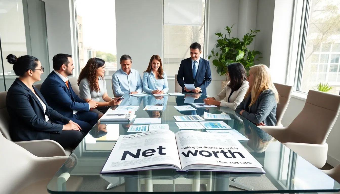 diverse professionals collaborating over financial magazines in a bright office.