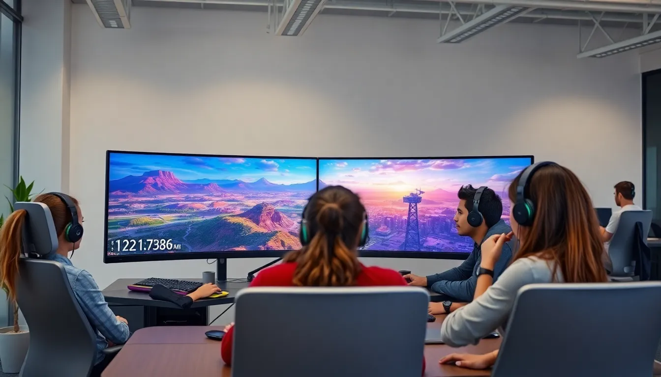 a diverse team engaged around a curved gaming monitor in a modern setup.