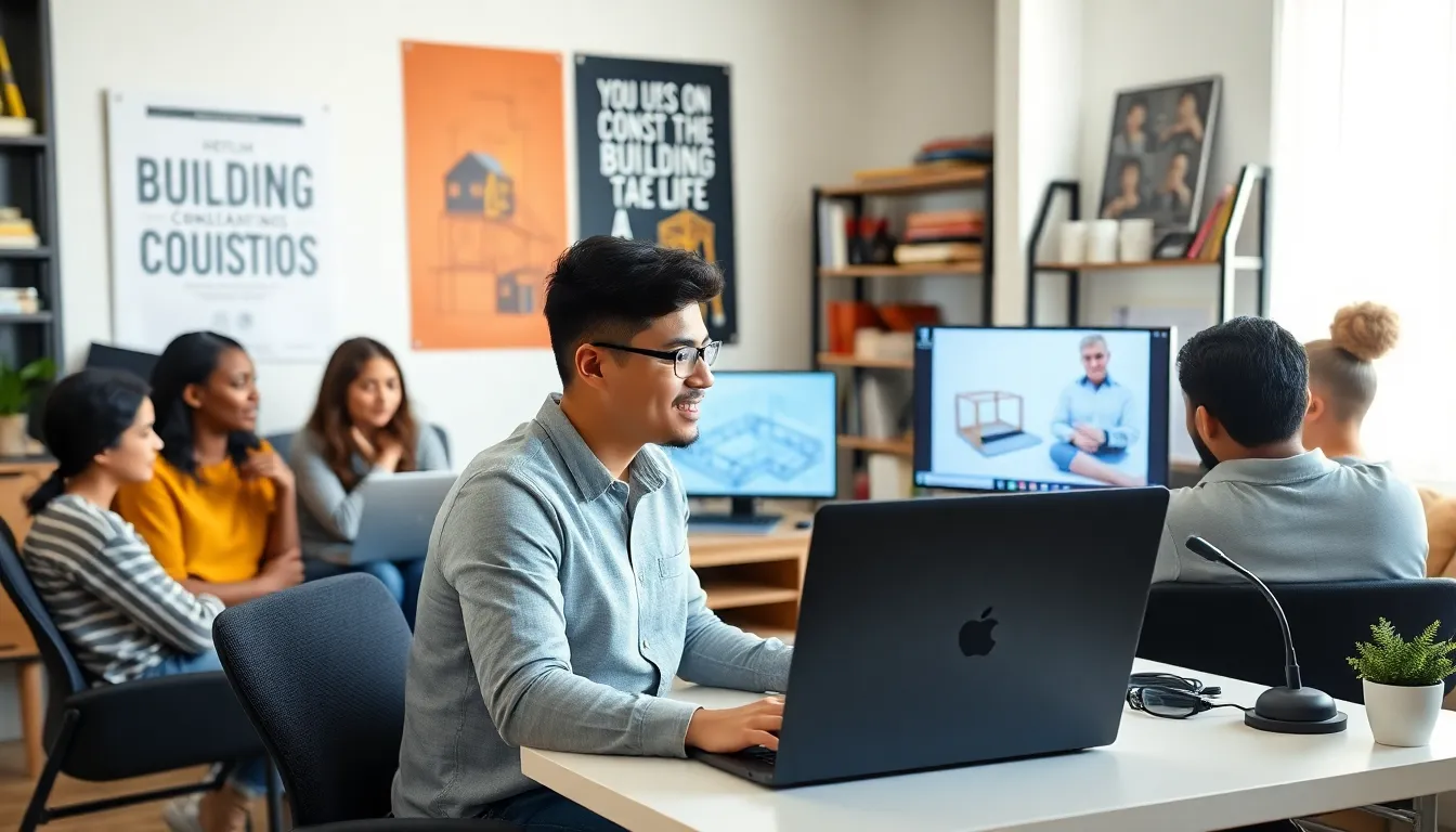 diverse students engaged in online construction courses in a modern office.