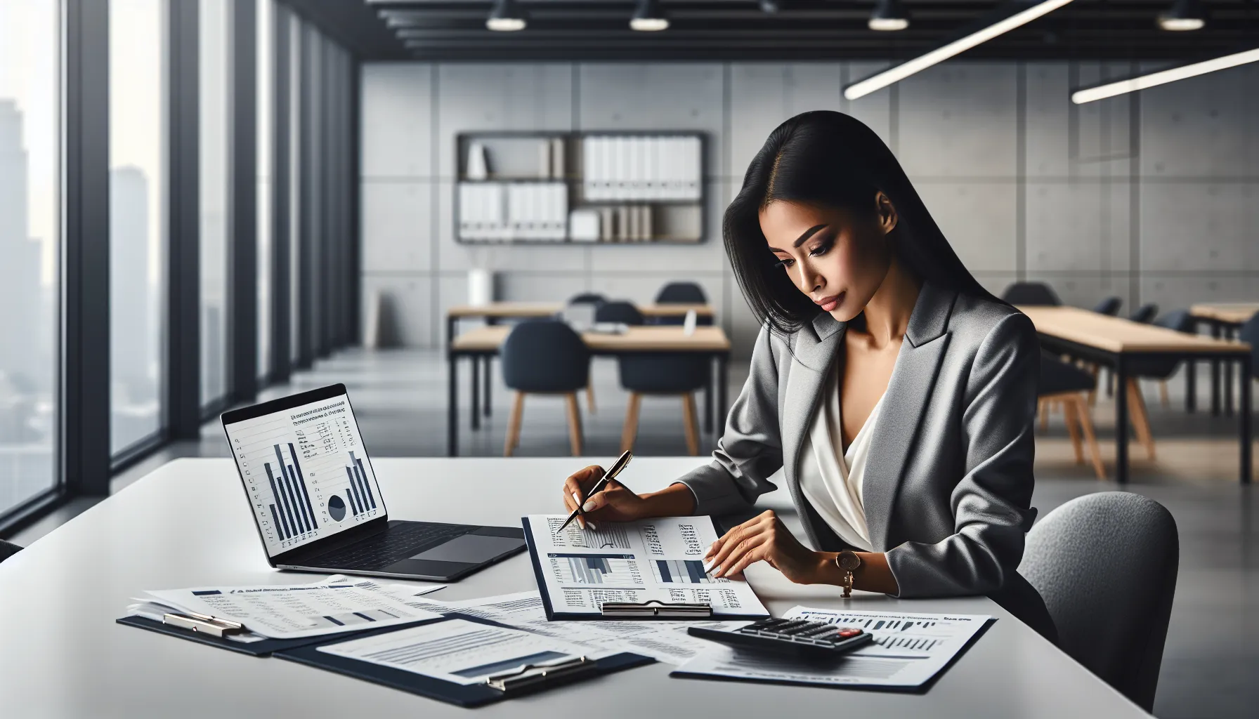 Croatian financial advisor reviewing debt and interest rate documents at modern office desk.