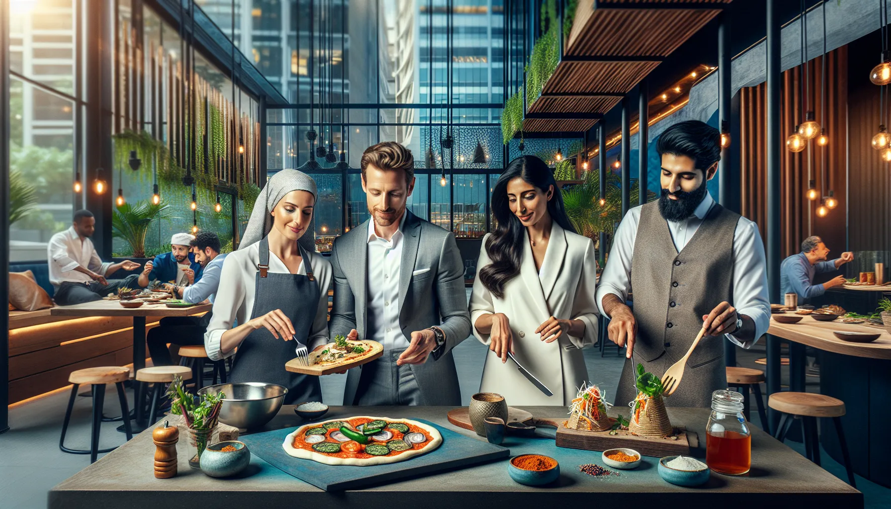 professionals showcasing fusion cuisine in a modern dining setting.